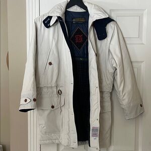 London Fog Cream Women's Puffer Coat with Navy Trim